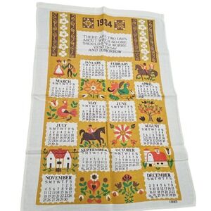 B&D Calendar Tea Towel Gold 1984 Folk Art Farmhouse Vintage Kitchen MCM